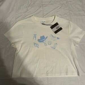 Le Lis Cream Crop Top with Blue Western Motifs